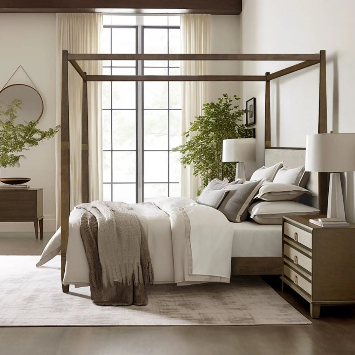 Queen Canopy Bed Frame | Upholstered Headboard | Brown Solid Wood | Gold Metal Cuffs