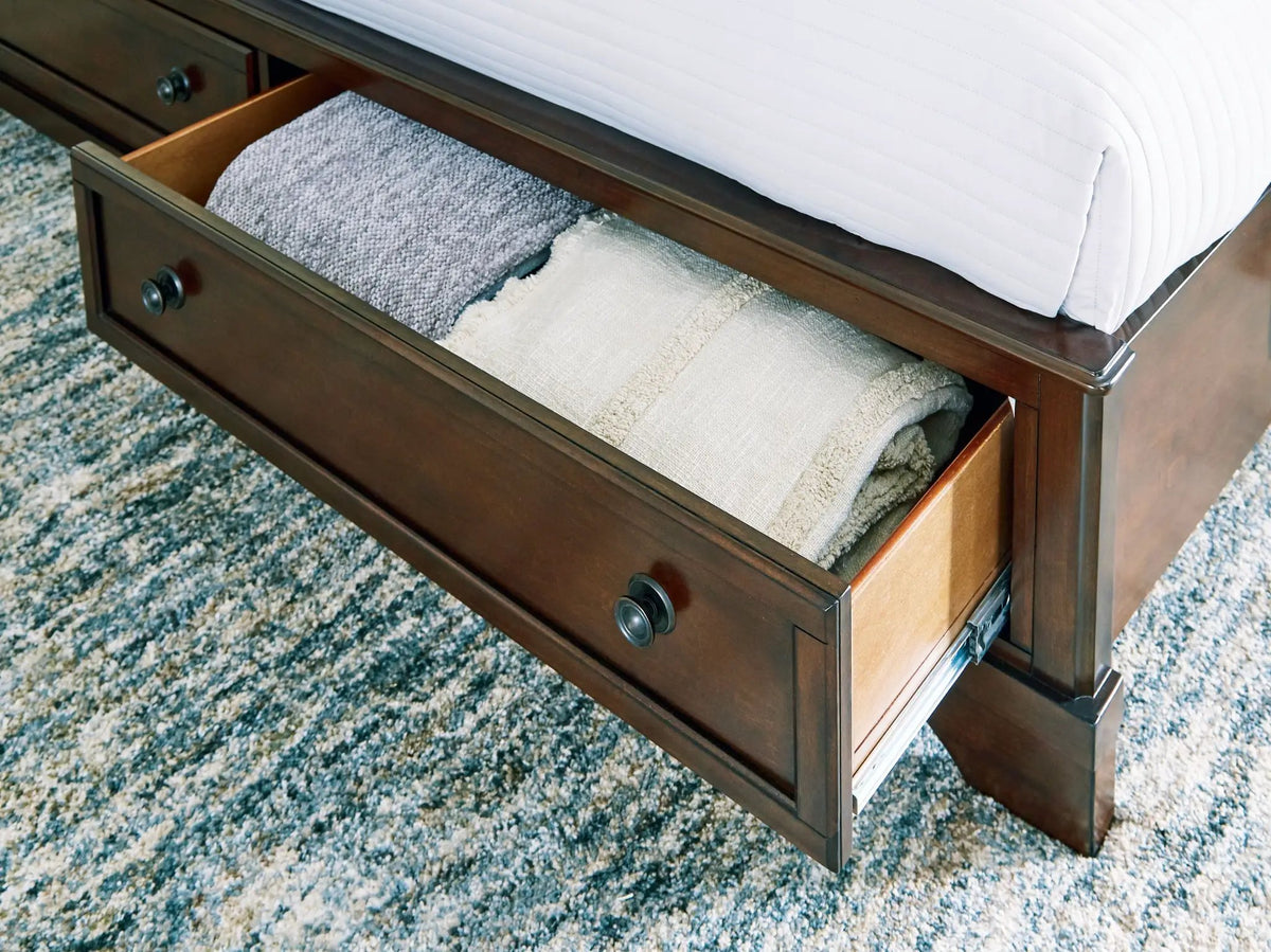 Trellington Queen Sleigh Storage Bed | Brown Finish | Drawer Storage | Panel Headboard