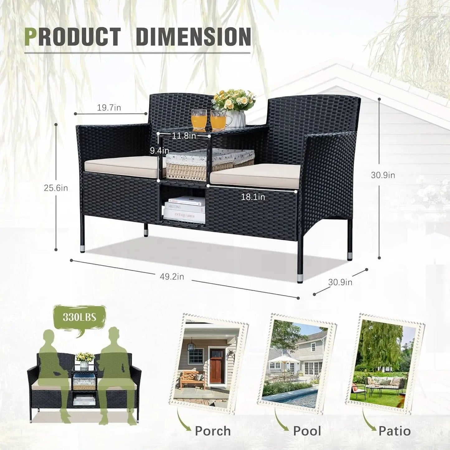 Patio Loveseat Outdoor Wicker Conversation Set With Built In Coffee Table Beige from PriceLows™