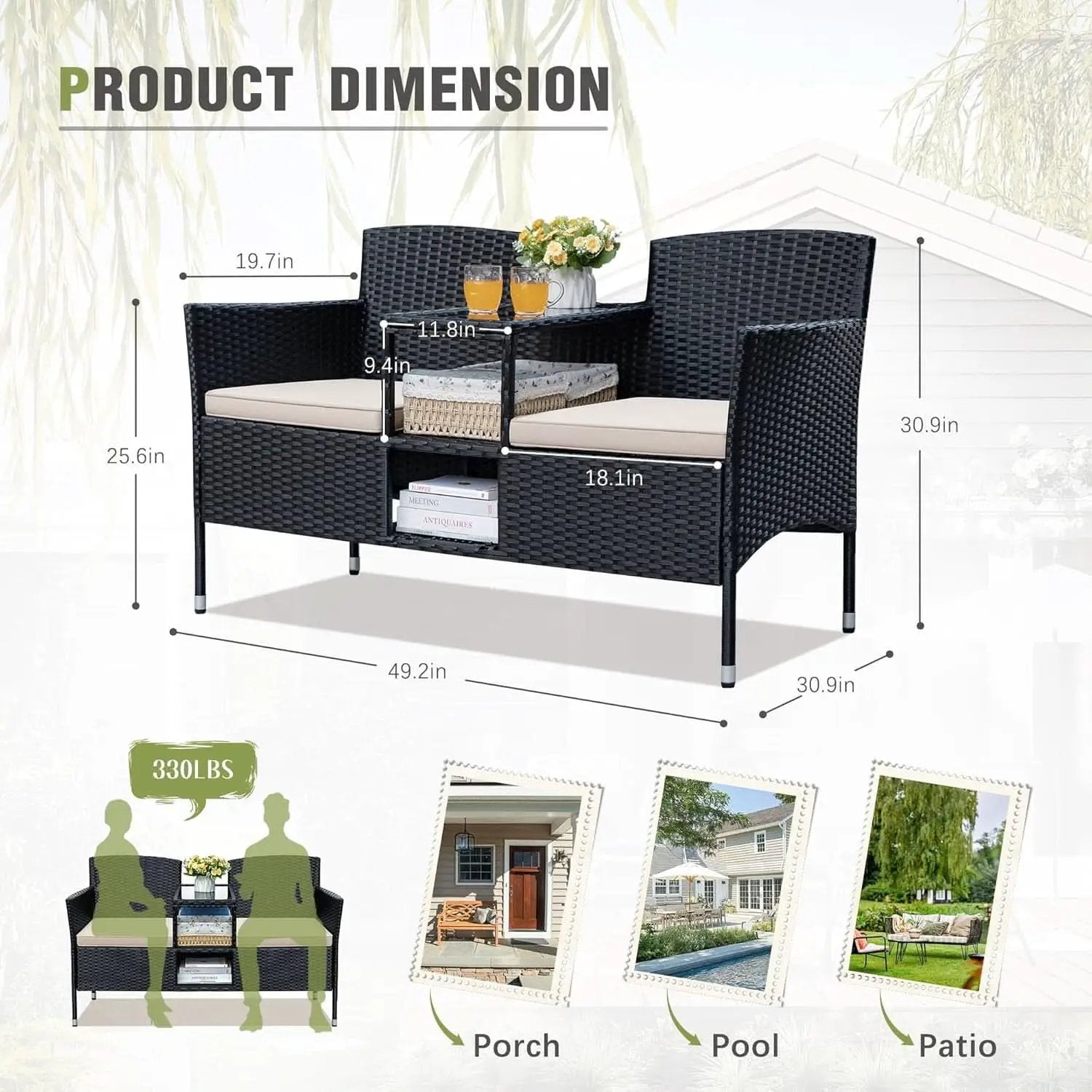 Patio Loveseat Outdoor Wicker Conversation Set With Built In Coffee Table Beige from PriceLows™