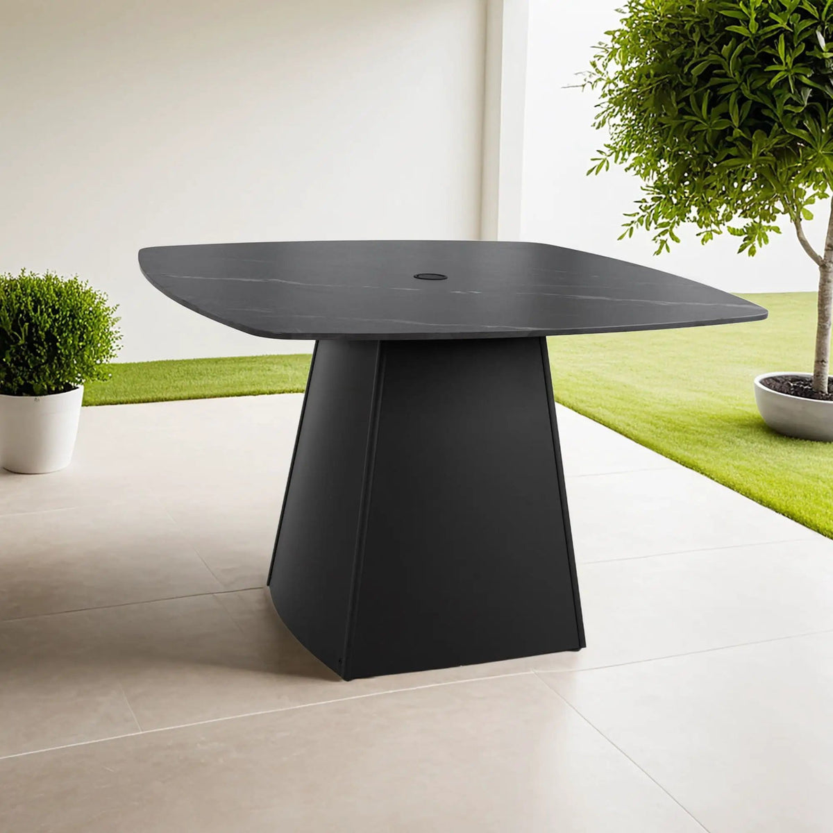 Rounded Square Outdoor Pedestal Dining Table | 2 Pieces | Aluminum & Stone | Dining Room