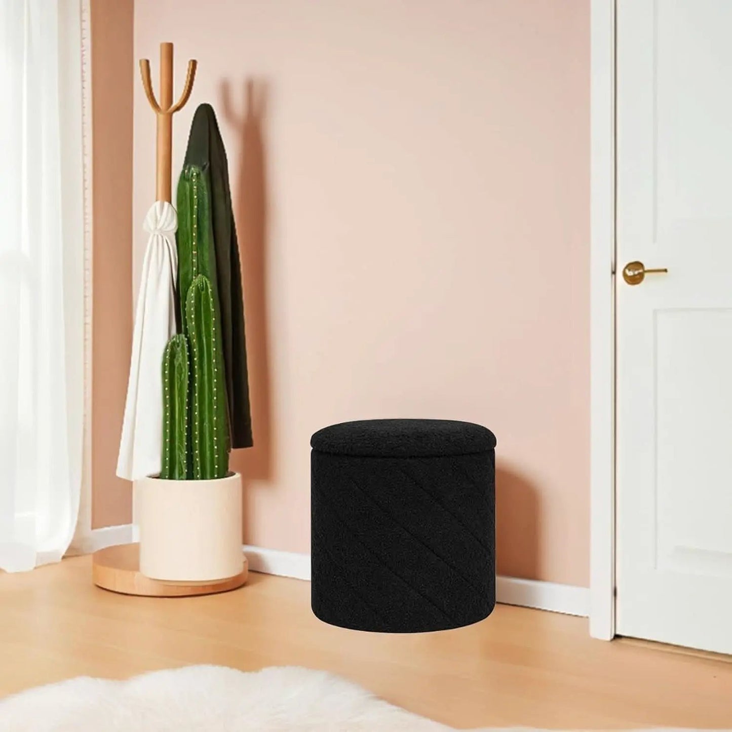 Luxurious Black Boucle Storage Ottoman 12 In Diameter Tray from PriceLows™