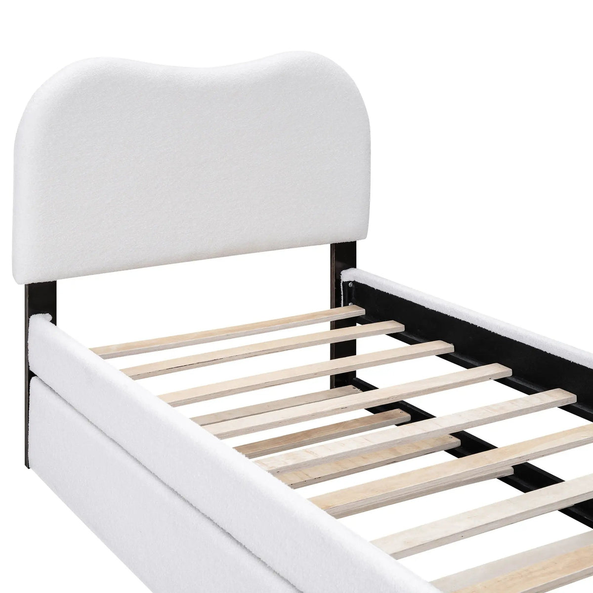 Upholstered Platform Bed | Trundle | Arc-Shaped Berber Fleece Headboard | Wood Supporting Feet