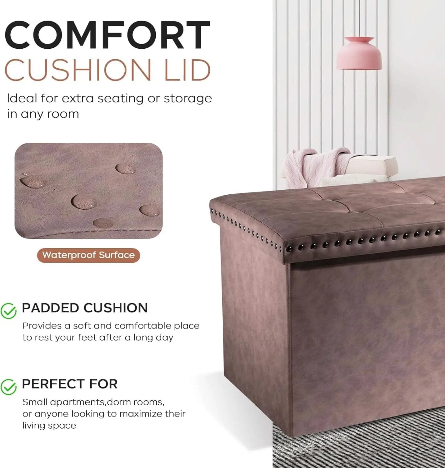 Oak Brown 30-Inch Foldable Storage Ottoman Bench from PriceLows™