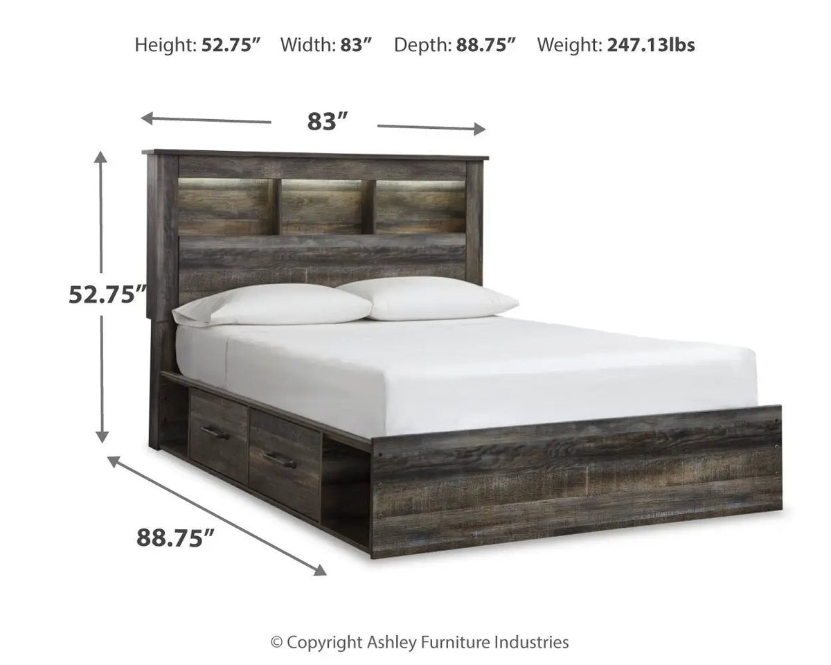 Drystan Panel Bookcase Bed | Storage Headboard | Rustic Industrial Style | 85 Inch Length