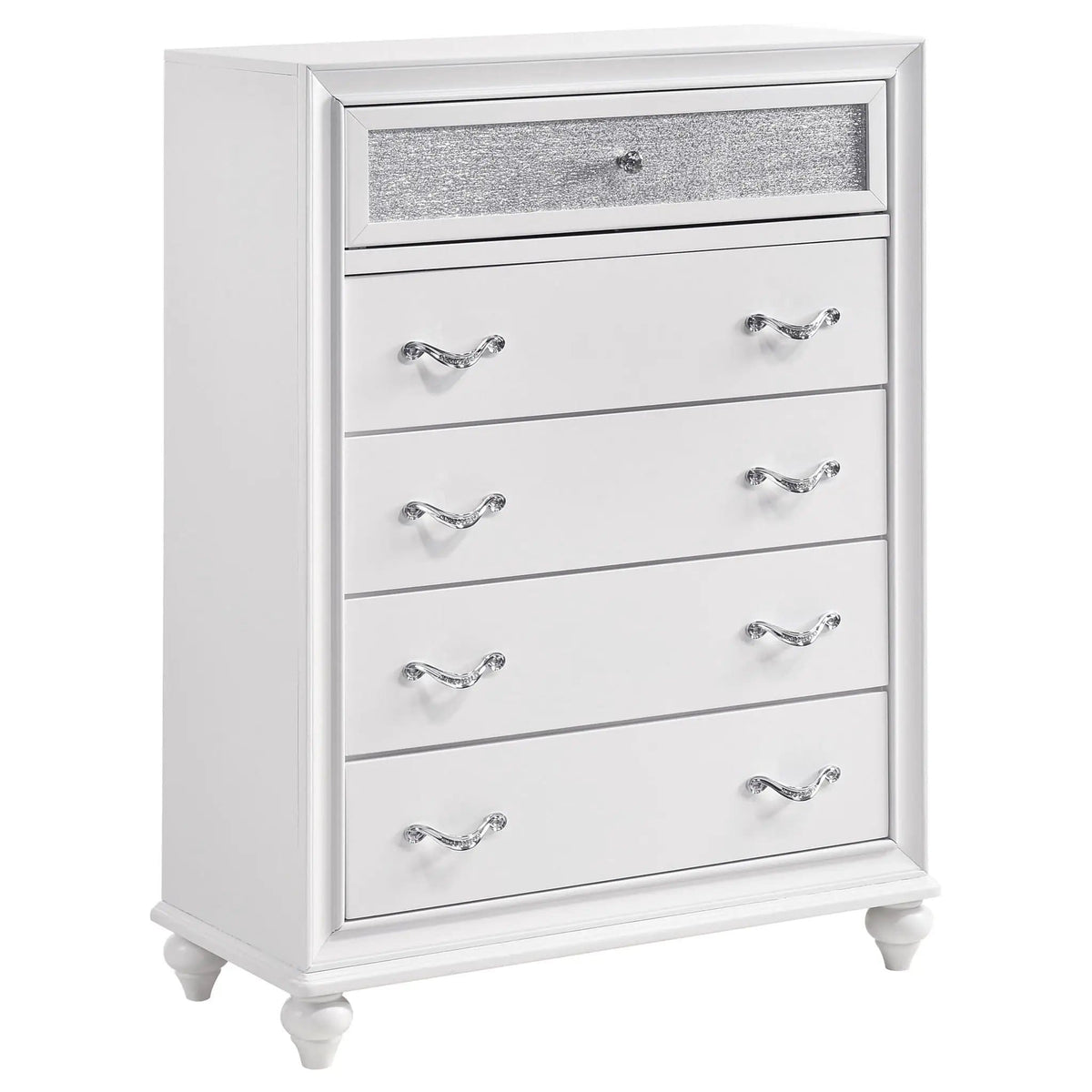 Barzini 5-drawer Bedroom Chest | 35.5 x 16.5 x 49.5 in | Crystal | White