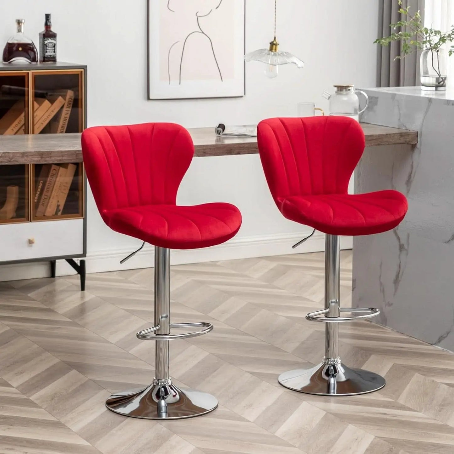 Velvet Adjustable Swivel Bar Stool Set Of 2 In Red from PriceLows™