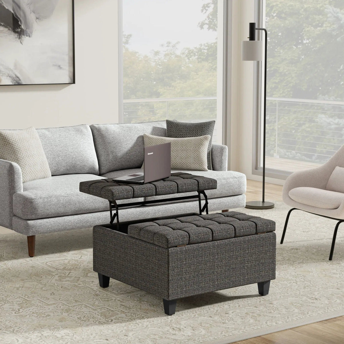 Coffee Table Storage Ottoman | Lift Top Hinge | Solid Wood Base | Large Square