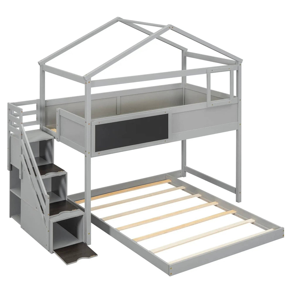 House Style Bunk Bed With Storage Staircase And board | 2 Pieces | Pine Wood | Bedroom
