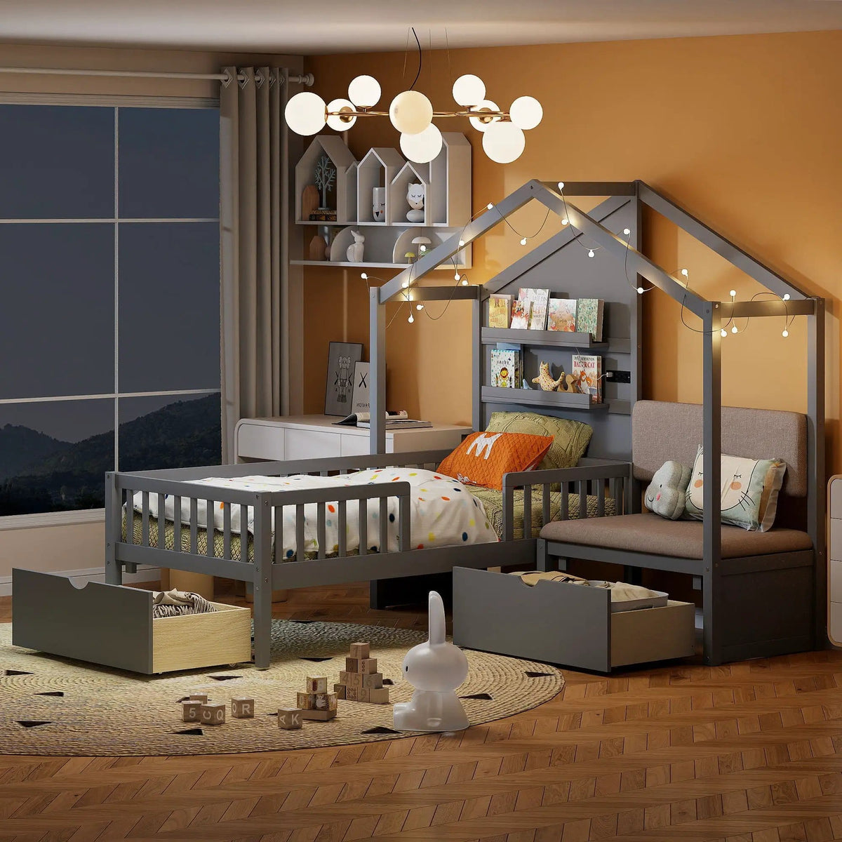 House Bed With Upholstered Sofa, Wireless Charging Station, Shelves And 2 Drawers | 2 Pieces | 2-Drawer | Bedroom