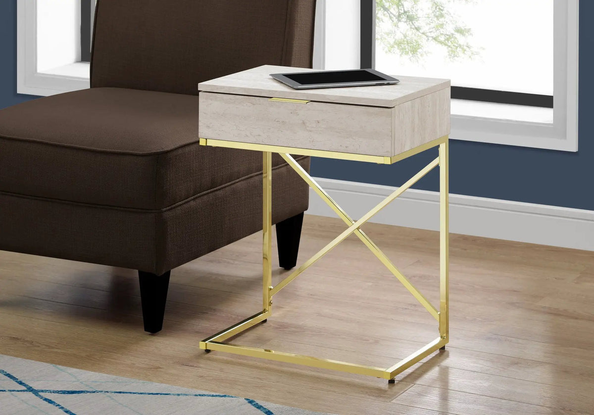 Accent Side Table | Spacious Tabletop | Storage Drawer | Metal Frame