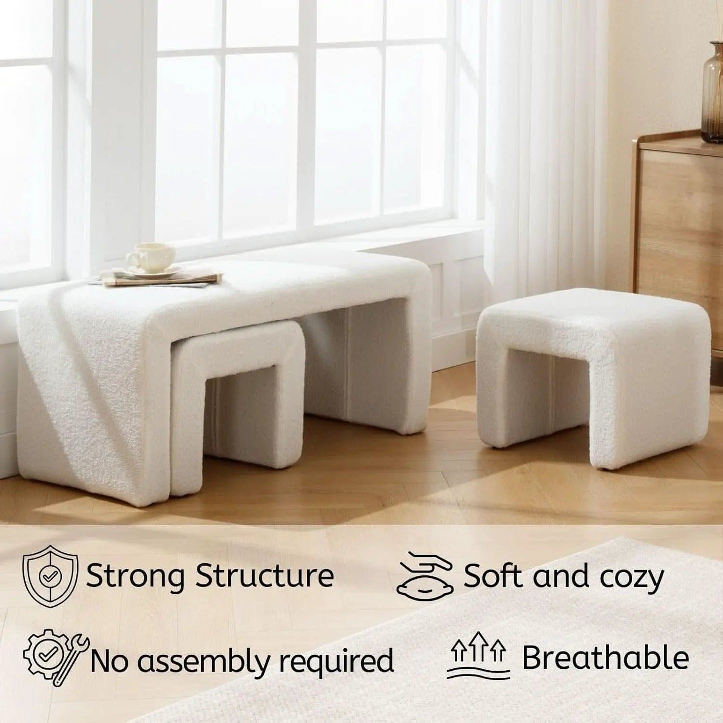 White 40Inch Lux Velvet Plus Nesting Ottoman End Bench from PriceLows™