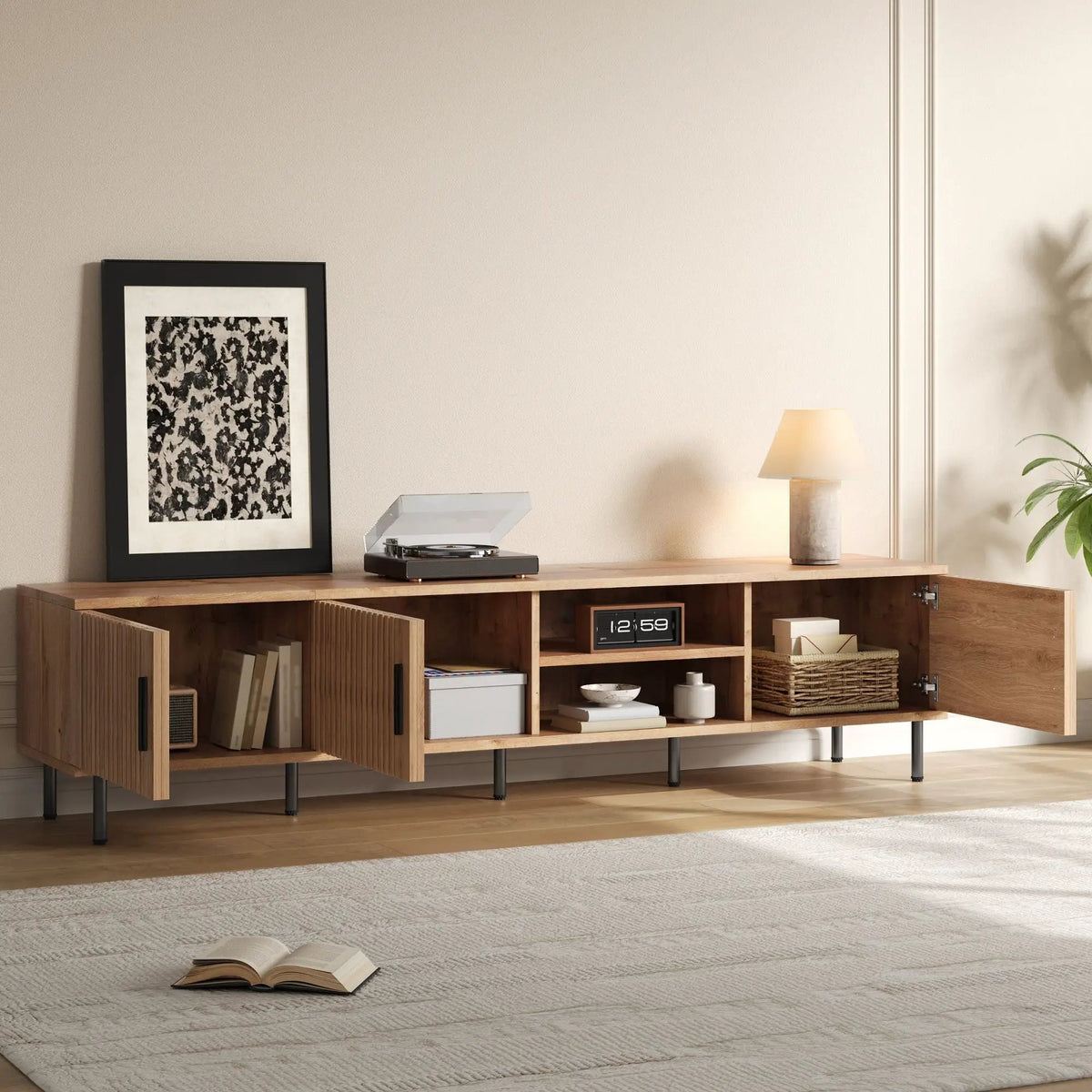 78 Inch TV Stand | Fits TVs Up To 85 Inch | Closed Storage | Vertical Groove Panels