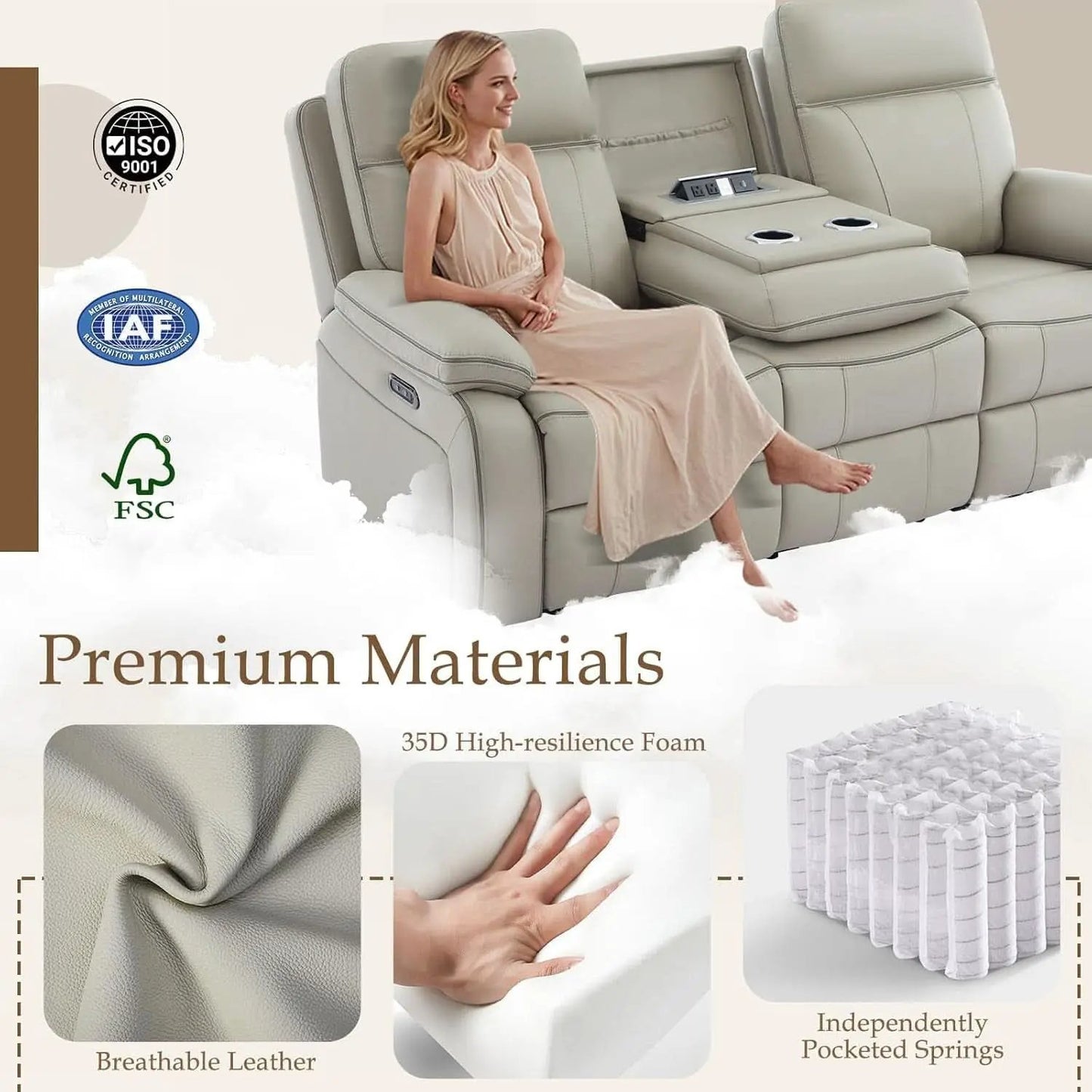 Grey Power Reclining Sofa With Fold Down Table Usb Type C from PriceLows™