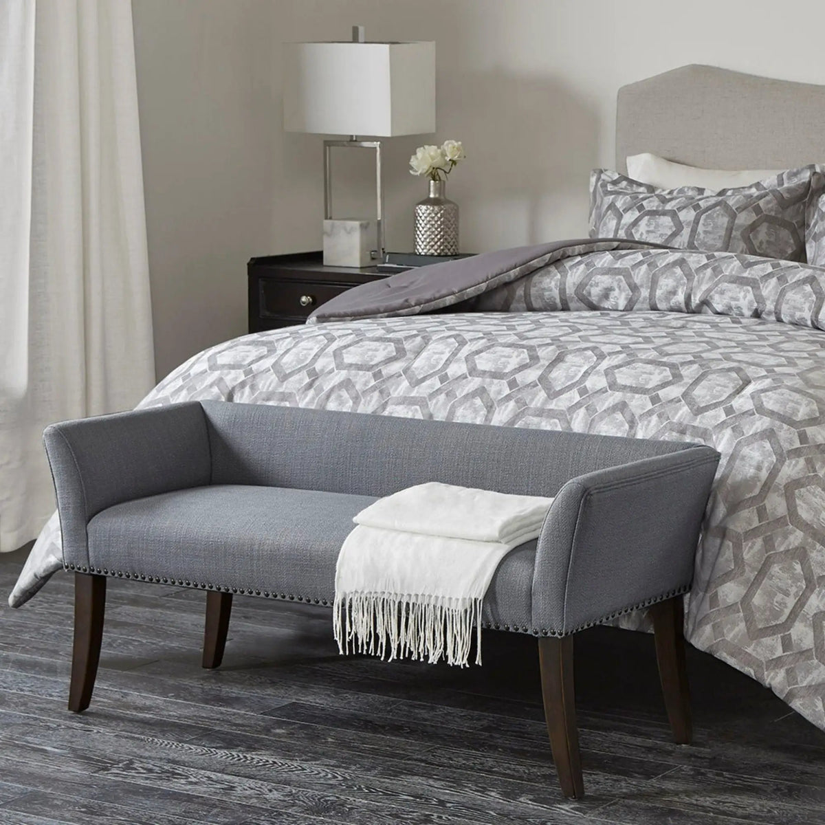 Upholstered Bench | Solid Wood Frame | Low Back And Flared Arms | Nailhead Trim