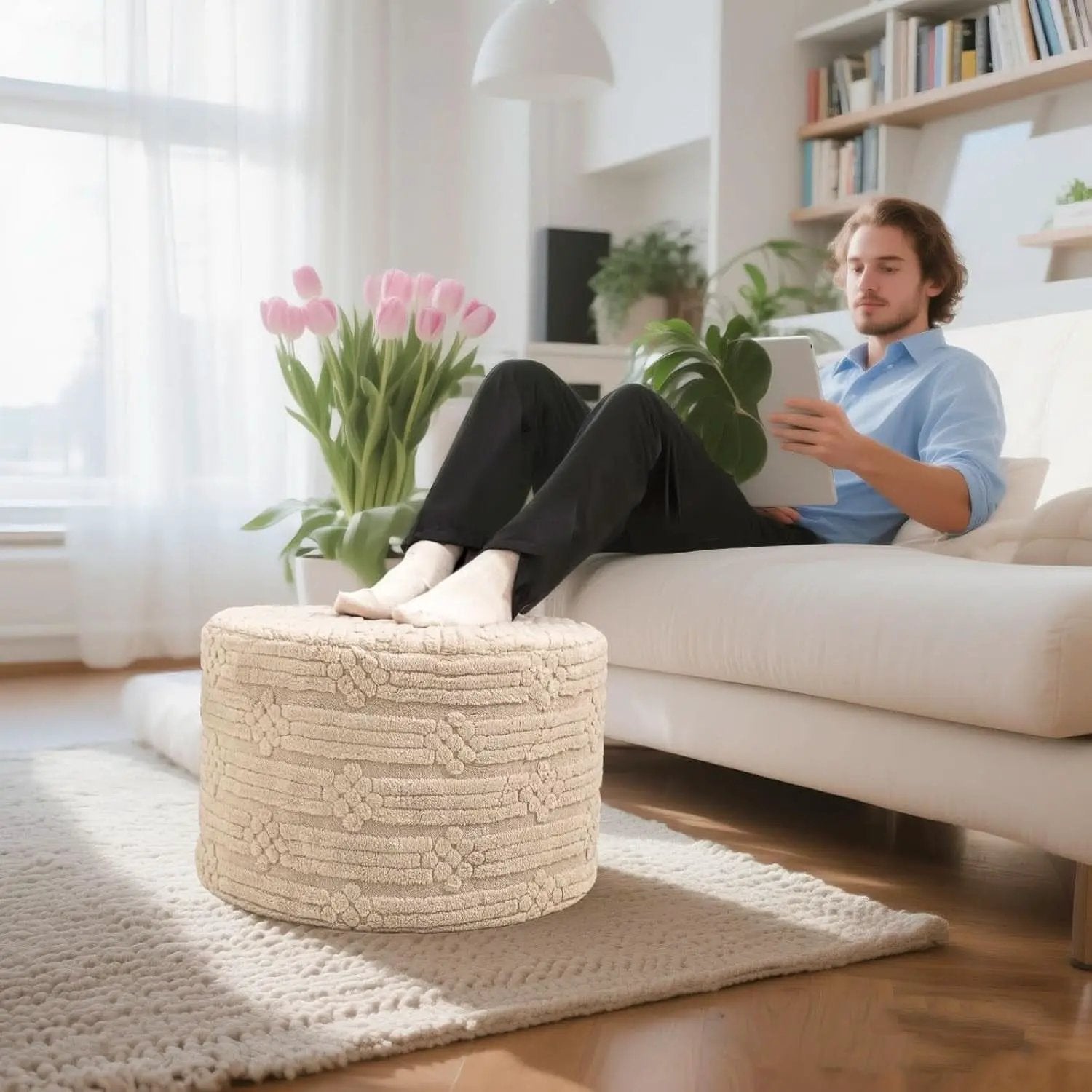 Ultra Plush Floor Pouf Ottoman Foot Rest Light Coffee from PriceLows™