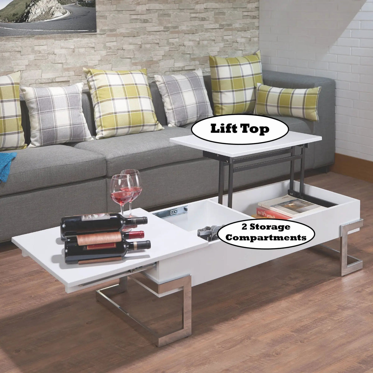 Calmam Lift Top Coffee Table | High Gloss Finish | 47 Inch Width | Geometric Metal Base