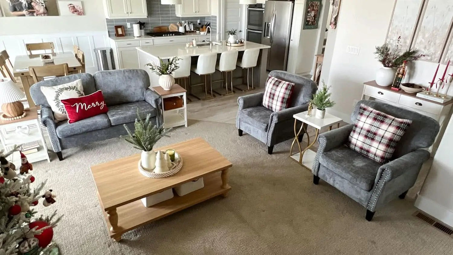 3 Piece Living Room Furniture Set Grey Linen Fabric Loveseat And Two Accent Chairs from PriceLows™