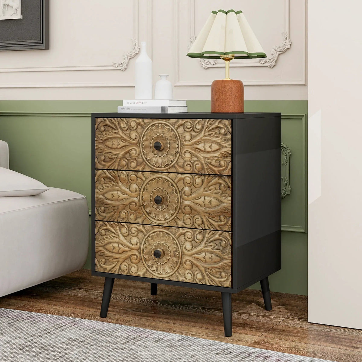 3 Drawer Nightstand | Solid Wood Panel | Hand Carved Relief | Black