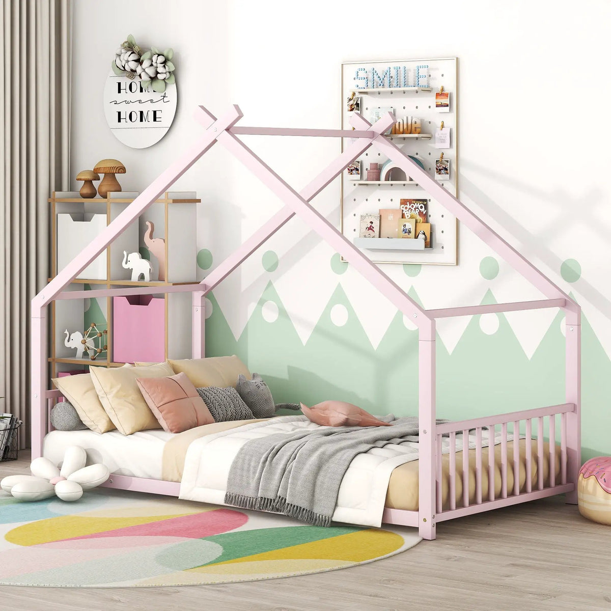 Metal House Bed | Roof Design | Semi-Enclosed Play Space | Contemporary Neutral Finish