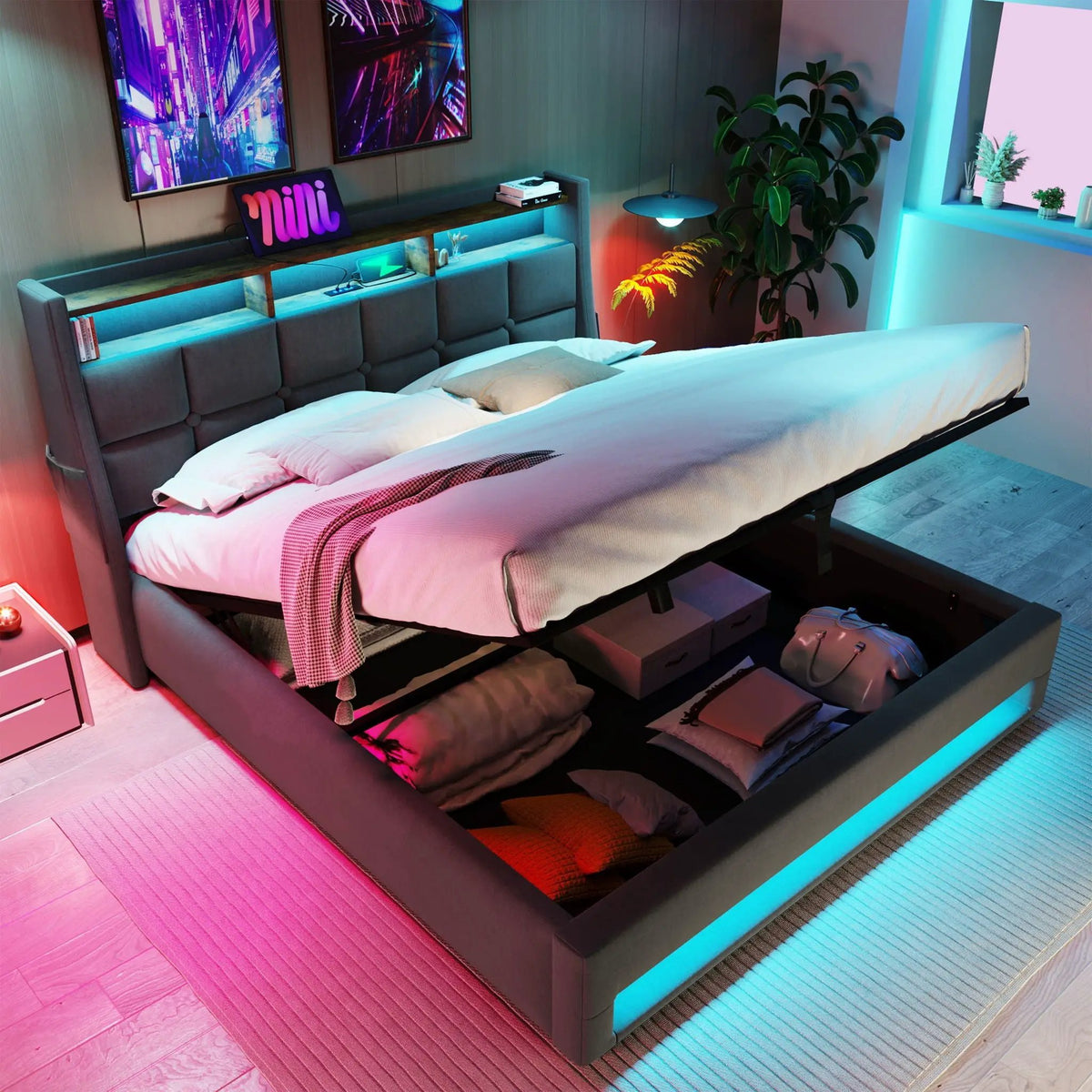Upholstered Platform Bed | Hydraulic Storage System | LED Lighting | USB Charging Port