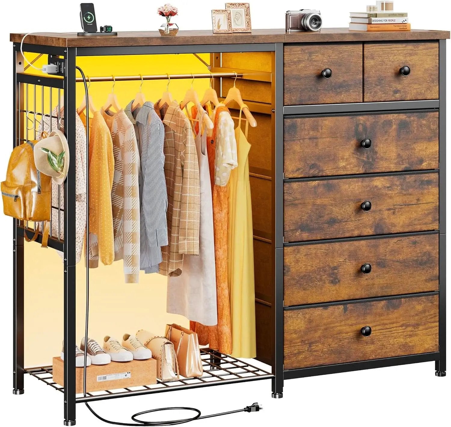 49 Inch Rustic Brown Dresser With Clothes Rack LED Lights from PriceLows™