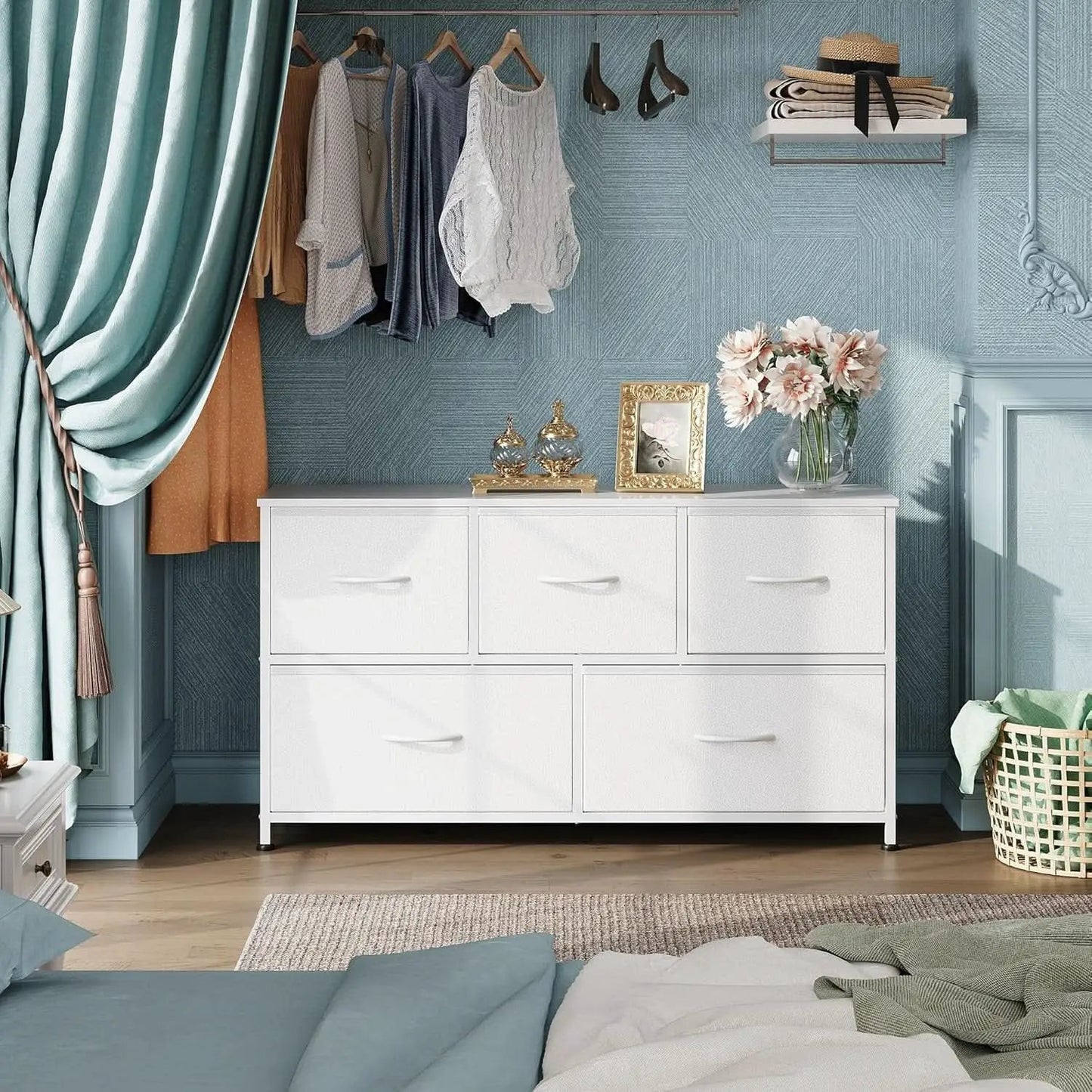 White TexturedFabric Dresser With Five Deep Drawers from PriceLows™