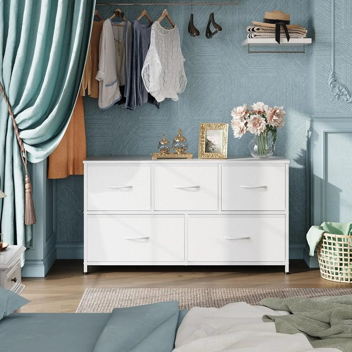 White TexturedFabric Dresser With Five Deep Drawers from PriceLows™