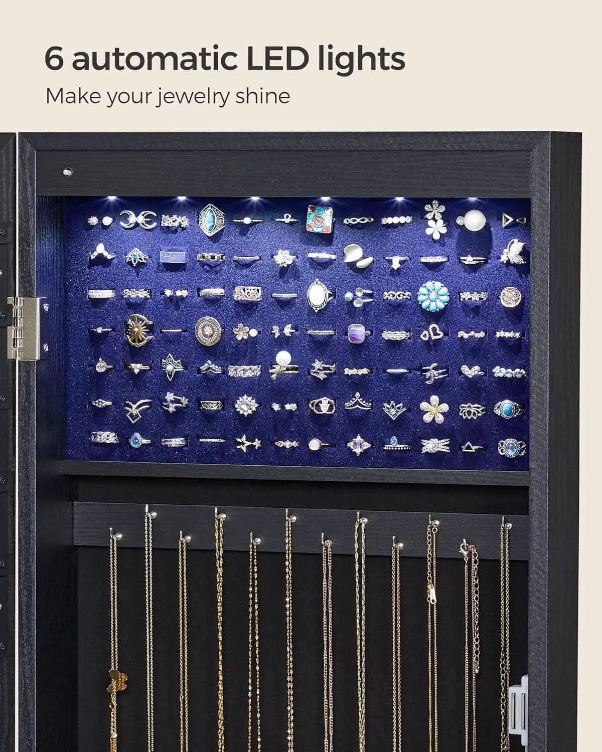 47.2 Inch Tall Black Lockable Mirror Jewelry Cabinet from PriceLows™