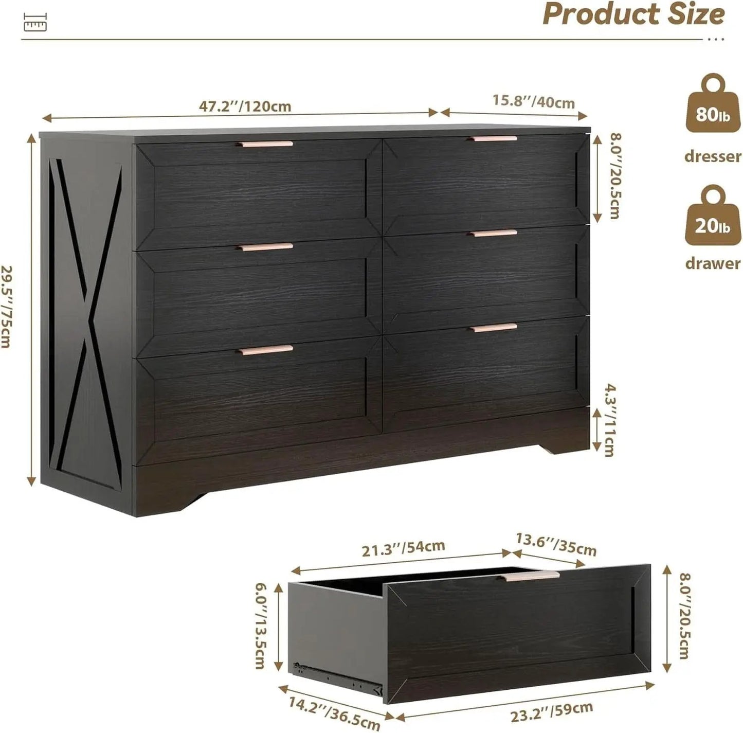 Contemporary Black 6 Drawer Dresser With SoftClosing from PriceLows™