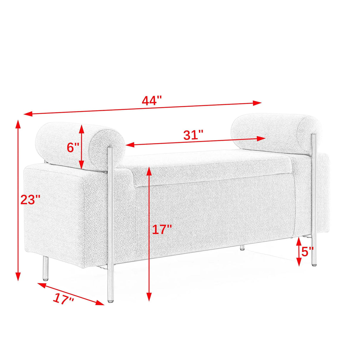 Upholstered Storage Bench | Cylindrical Arms | Iron Legs