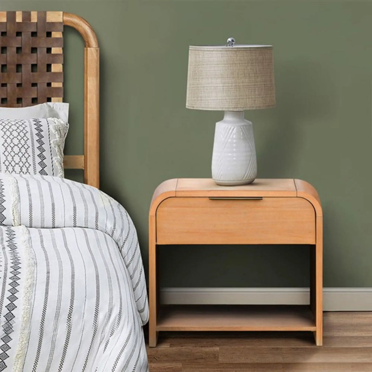 1 Drawer Waterfall Nightstand | Mid-Century Design | Natural Finish | Open Shelving