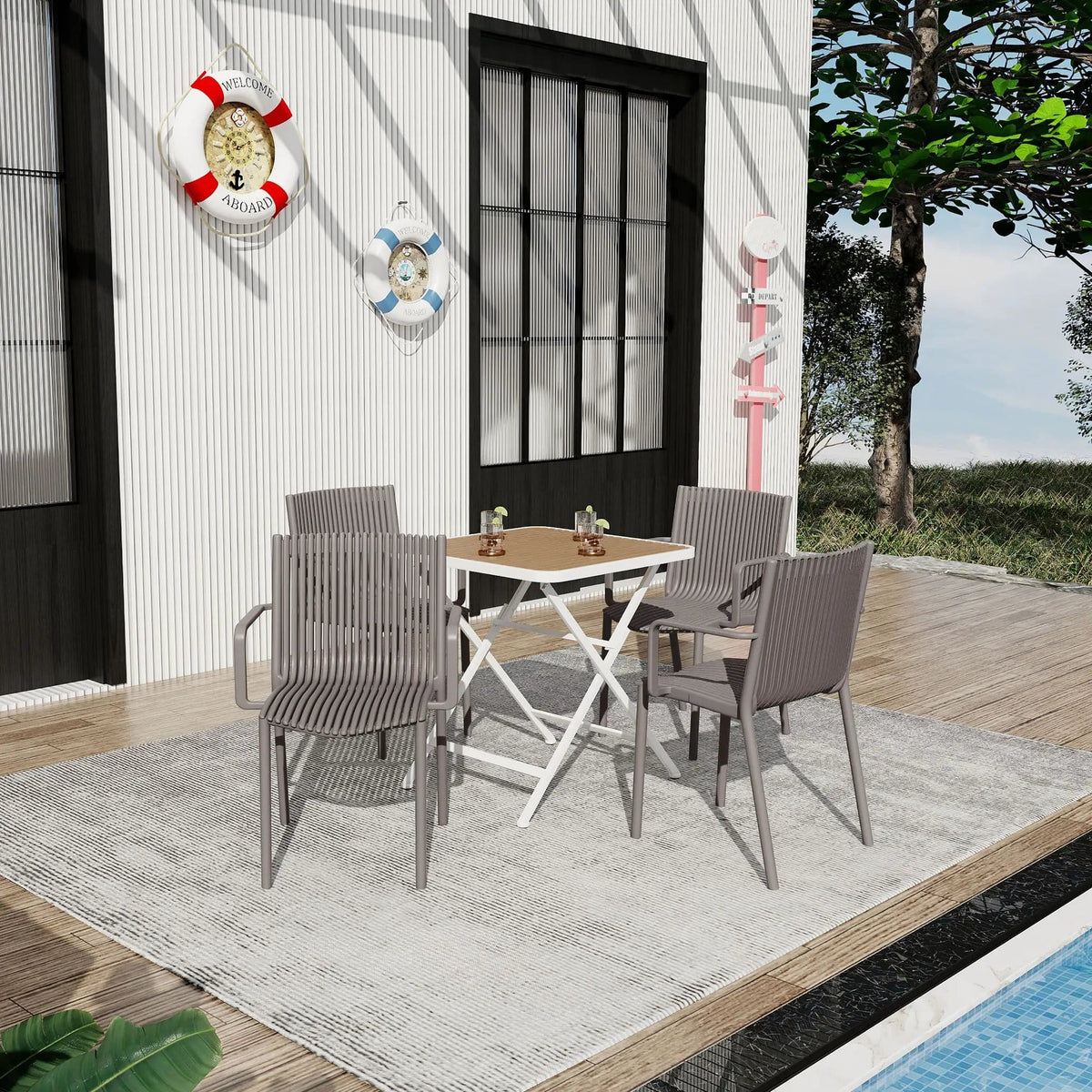 4 Modern Stackable Plastic Armchair Matched With Folding Square Table 5 Piece | 5 Piece Outdoor Set | Metal | Outdoor Living