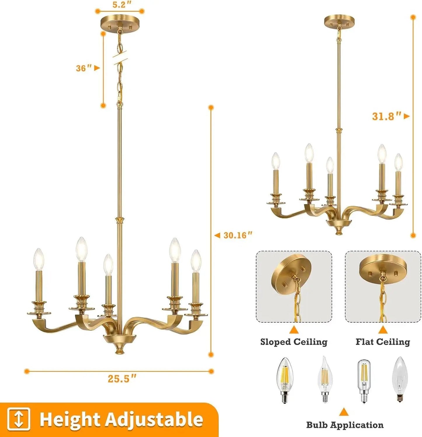Gold 5 Light Chandelier 25.5 Inch Farmhouse Brass Dining from PriceLows™