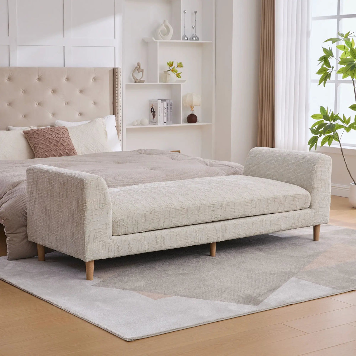 End Of Bed Bench | Upholstered With Armrests | Trapezoid Chaise Design | Kiln-Dried Solid Wood