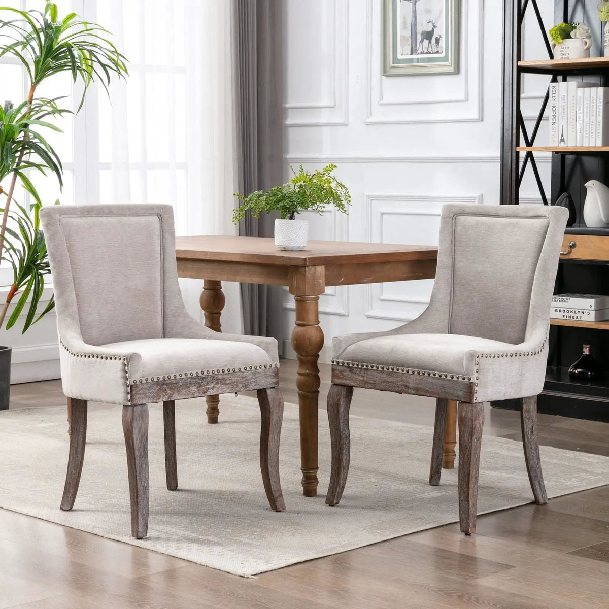 Ultra Nail Head Dining Chairs | Set Of 2 | Neutral Solid Wood Legs | Soft Fabric