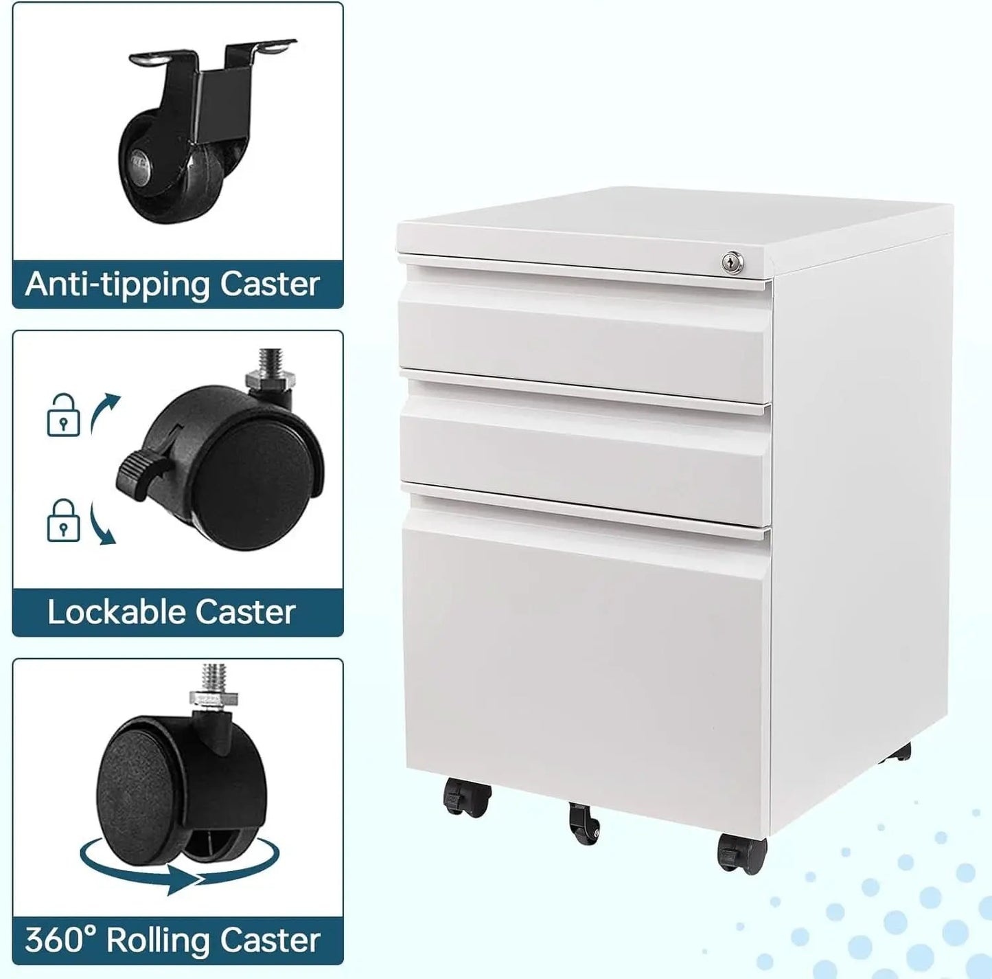 White 3 Drawer Filing Cabinet On Wheels With Lock For Home Office from PriceLows™