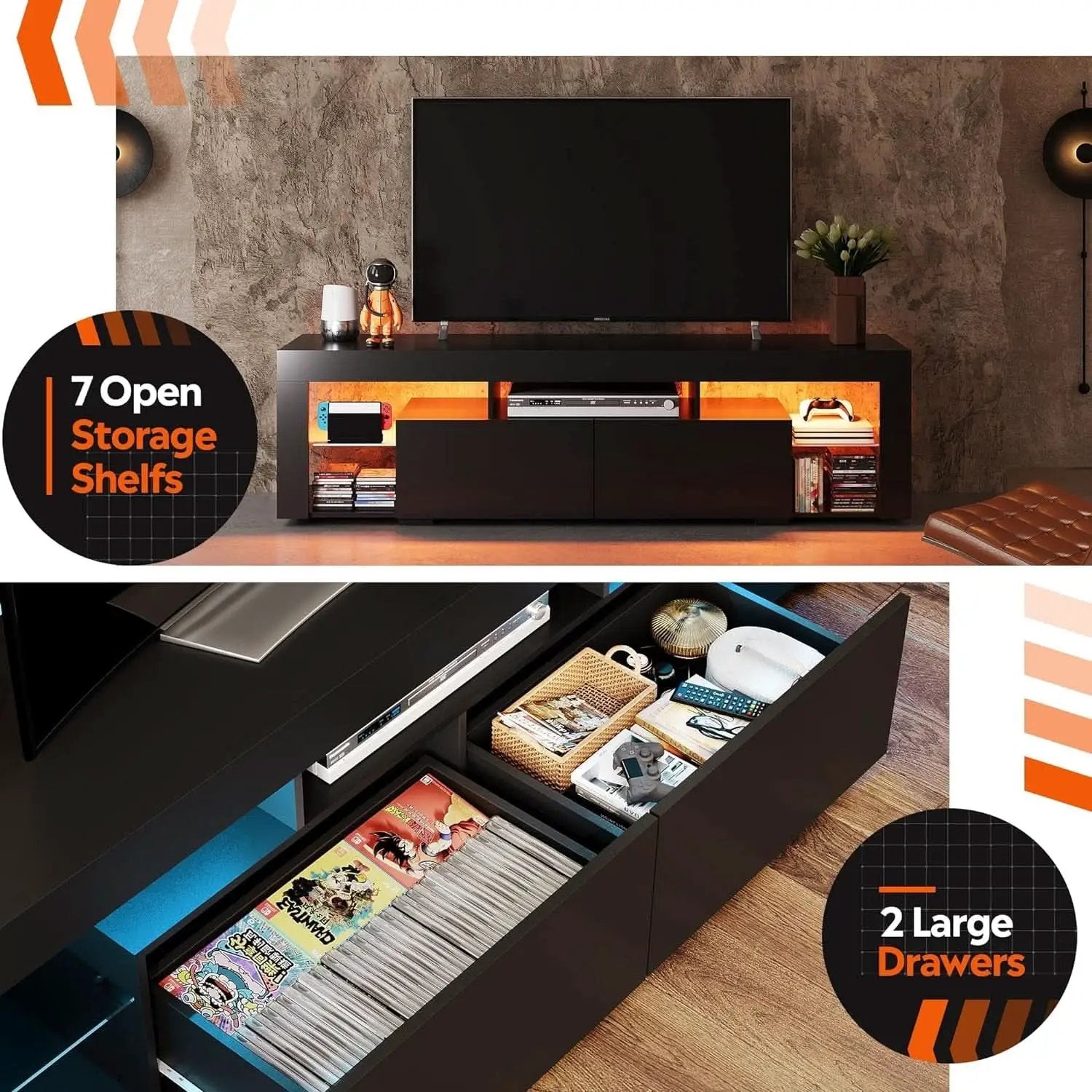 63 Inch Black LED TV Stand With 2 Drawers For Living Room from PriceLows™