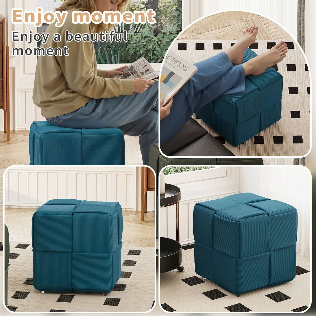 Modern Ottoman Foot Rest | Woven Design | Engineered Wood Frame | 14.2 Inch Cube