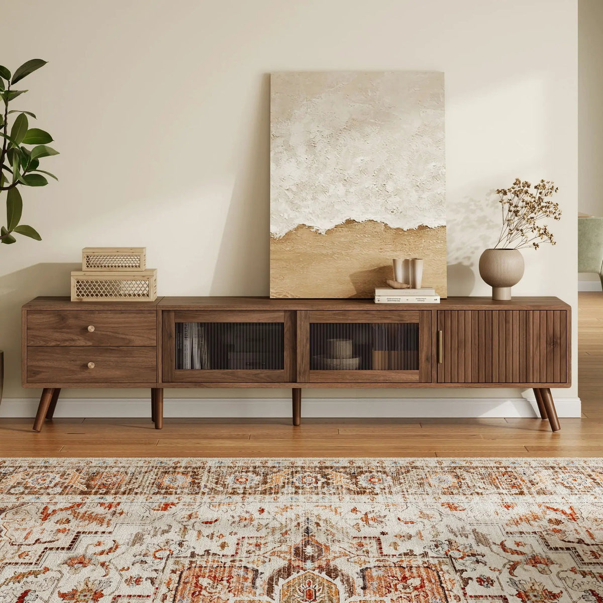 76 Inch TV Stand | Tempered Glass Doors | Two Deep Drawers | Natural Wood Legs