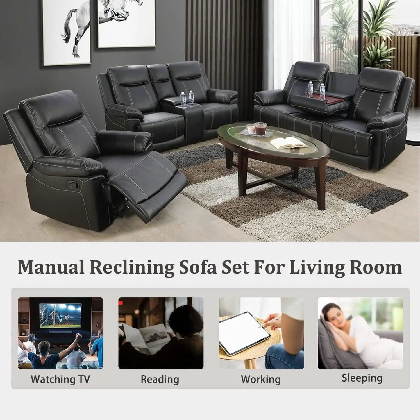 Manual Recliner Sofa Set Black Bonded Leather Cup Holders from PriceLows™