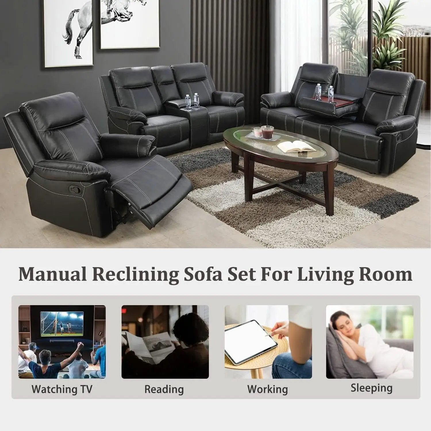 Manual Recliner Sofa Set Black Bonded Leather Cup Holders from PriceLows™