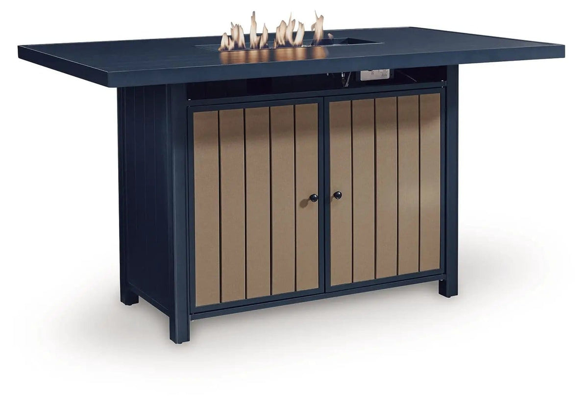 East Beach Rectangular Bar Table With Fire Pit | 70 x 42 x 39 in | Glass & Stainless Steel | Blue