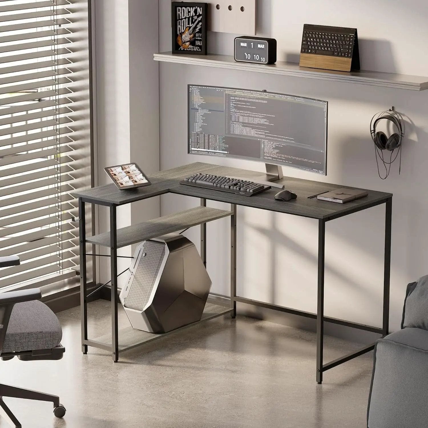 43 Inch L Shaped Desk With Reversible Shelves Espresso Gray from PriceLows™