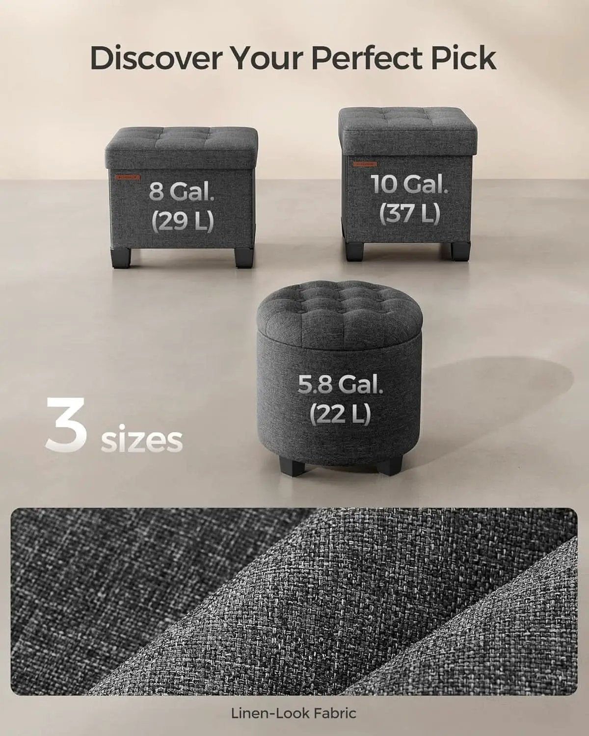 Dark Gray Round Ottoman 17InchesDiameter With Storage from PriceLows™