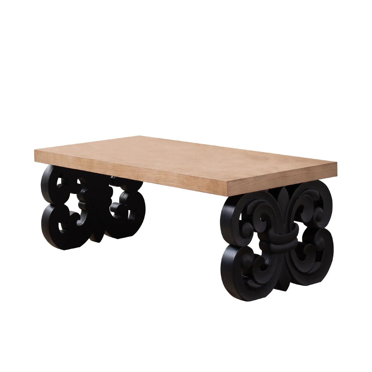 Farmhouse Coffee Table | Ornate Scroll Base | Natural Wood Top | Intricately Carved