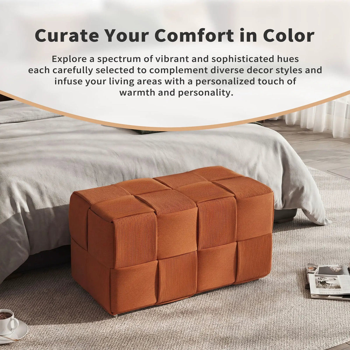 Modern Ottoman Foot Rest | Woven Design | Engineered Wood Frame | 14.2 Inch Cube