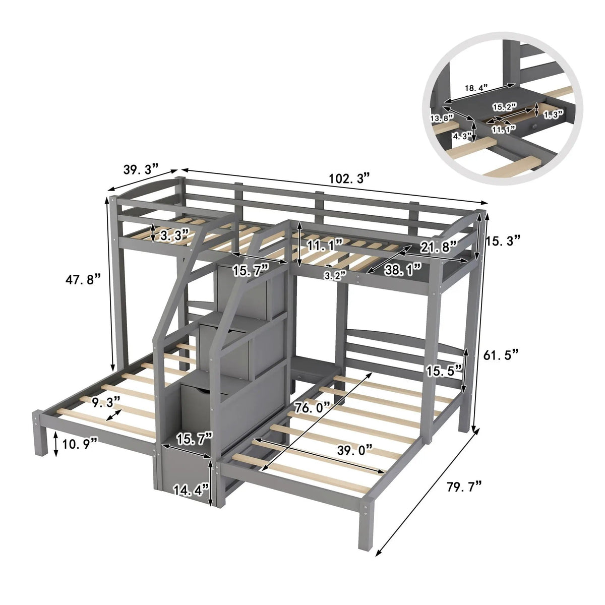 Twin Over Twin Bunk Bed | Built-In Staircase With Drawers | Upper Storage Shelf | Gray