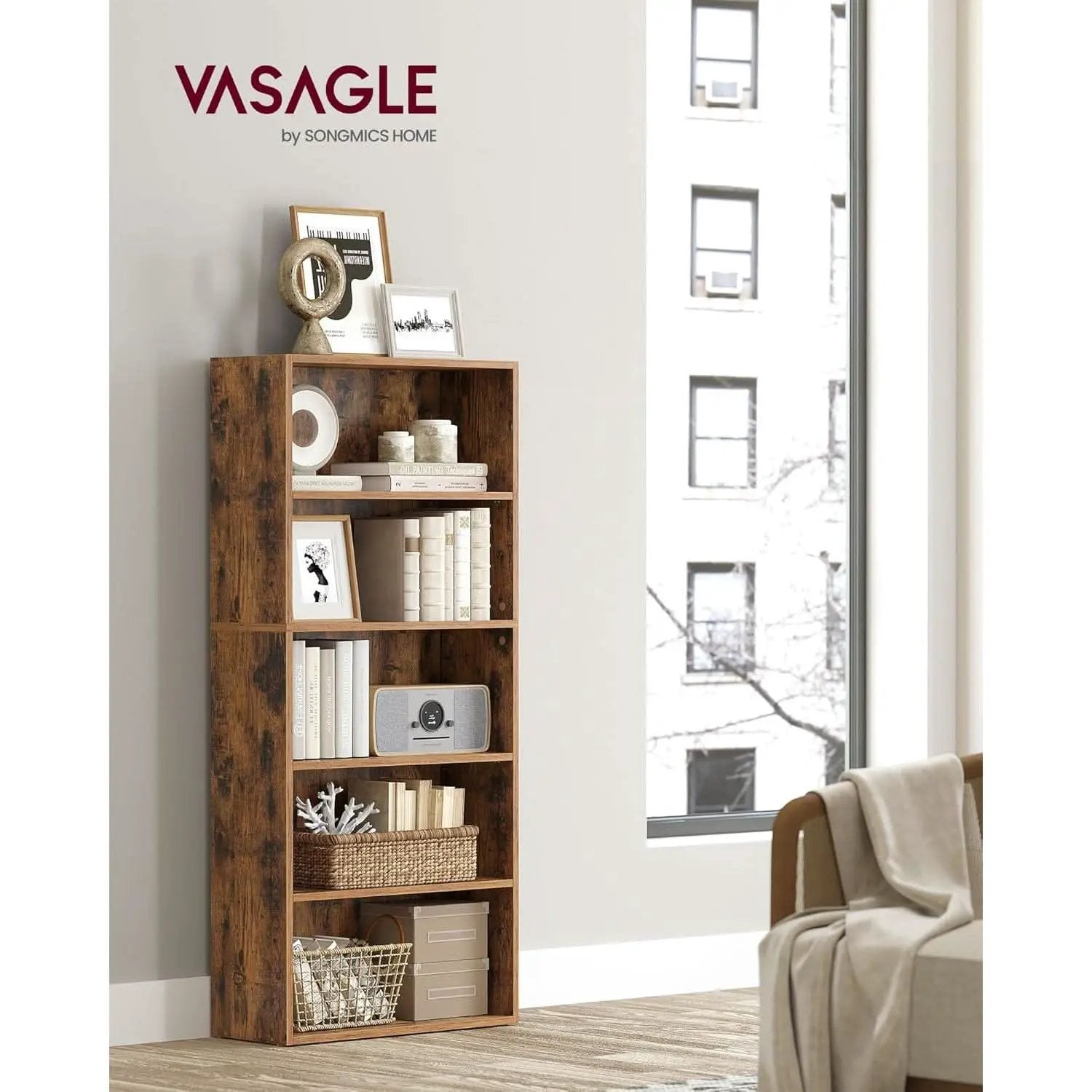 Rustic Brown Bookshelf Five Tier Adjustable Shelves from PriceLows™