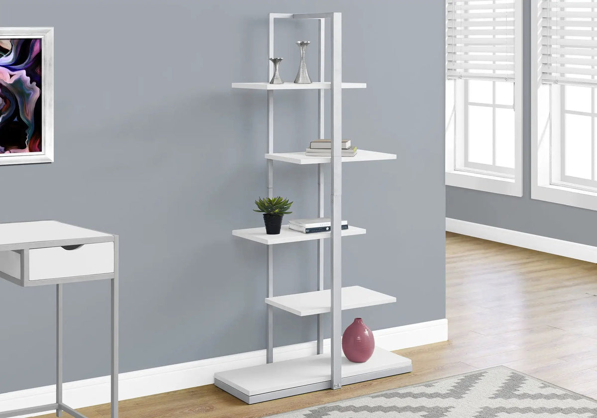 5 Tier Etagere Bookcase | Asymmetrical Zig-Zag Design | Solid Metal Base | Modern Industrial